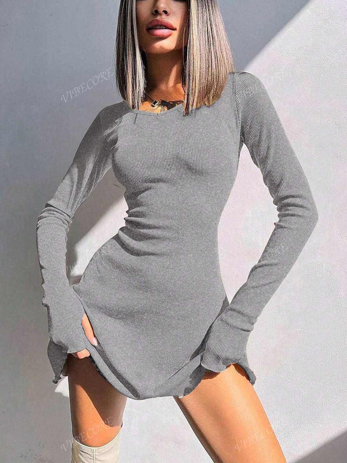 Women's Solid Color Round Neck Long Sleeve Ribbed Mini Casual Dress For Autumn