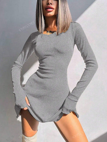 Women's Solid Color Round Neck Long Sleeve Ribbed Mini Casual Dress For Autumn