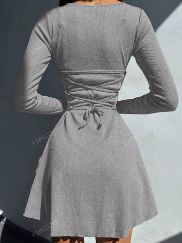 Women's Solid Color Round Neck Long Sleeve Ribbed Mini Casual Dress For Autumn