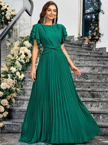 Women's Solid Color Round Neck Multilayer Ruffle Sleeve Pleated Hem Waist Knot Long Elegant Bridesmaid Dress