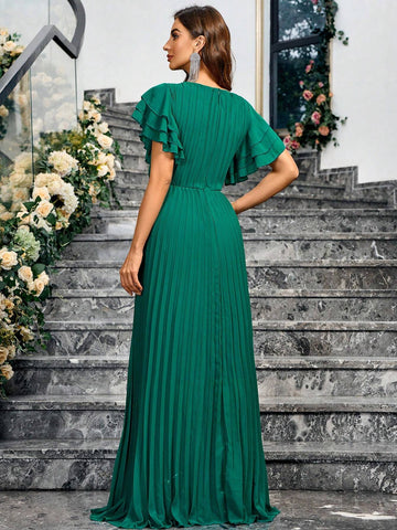 Women's Solid Color Round Neck Multilayer Ruffle Sleeve Pleated Hem Waist Knot Long Elegant Bridesmaid Dress