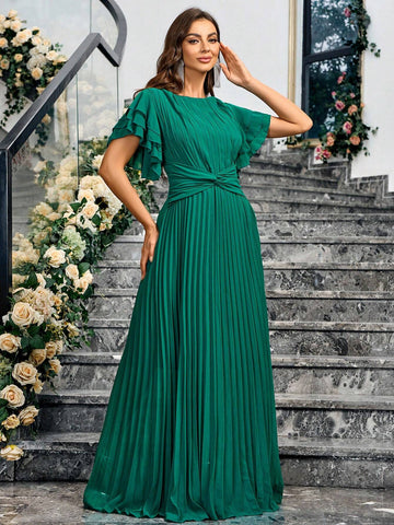 Women's Solid Color Round Neck Multilayer Ruffle Sleeve Pleated Hem Waist Knot Long Elegant Bridesmaid Dress