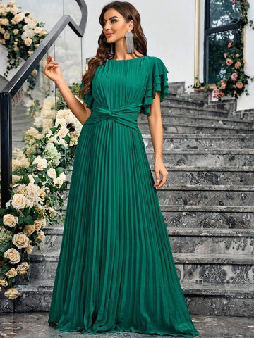 Women's Solid Color Round Neck Multilayer Ruffle Sleeve Pleated Hem Waist Knot Long Elegant Bridesmaid Dress