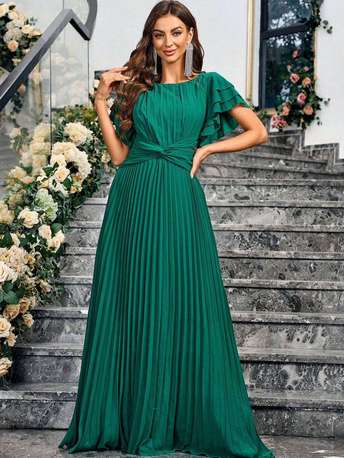 Women's Solid Color Round Neck Multilayer Ruffle Sleeve Pleated Hem Waist Knot Long Elegant Bridesmaid Dress