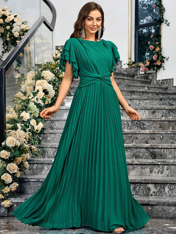 Women's Solid Color Round Neck Multilayer Ruffle Sleeve Pleated Hem Waist Knot Long Elegant Bridesmaid Dress