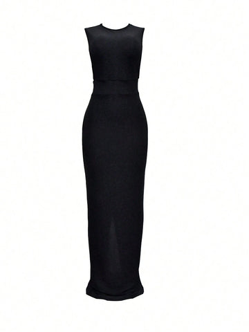 Women's Solid Color Round Neck Sleeveless Split Long Dress