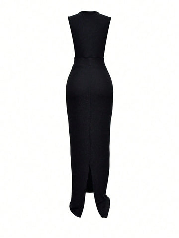 Women's Solid Color Round Neck Sleeveless Split Long Dress