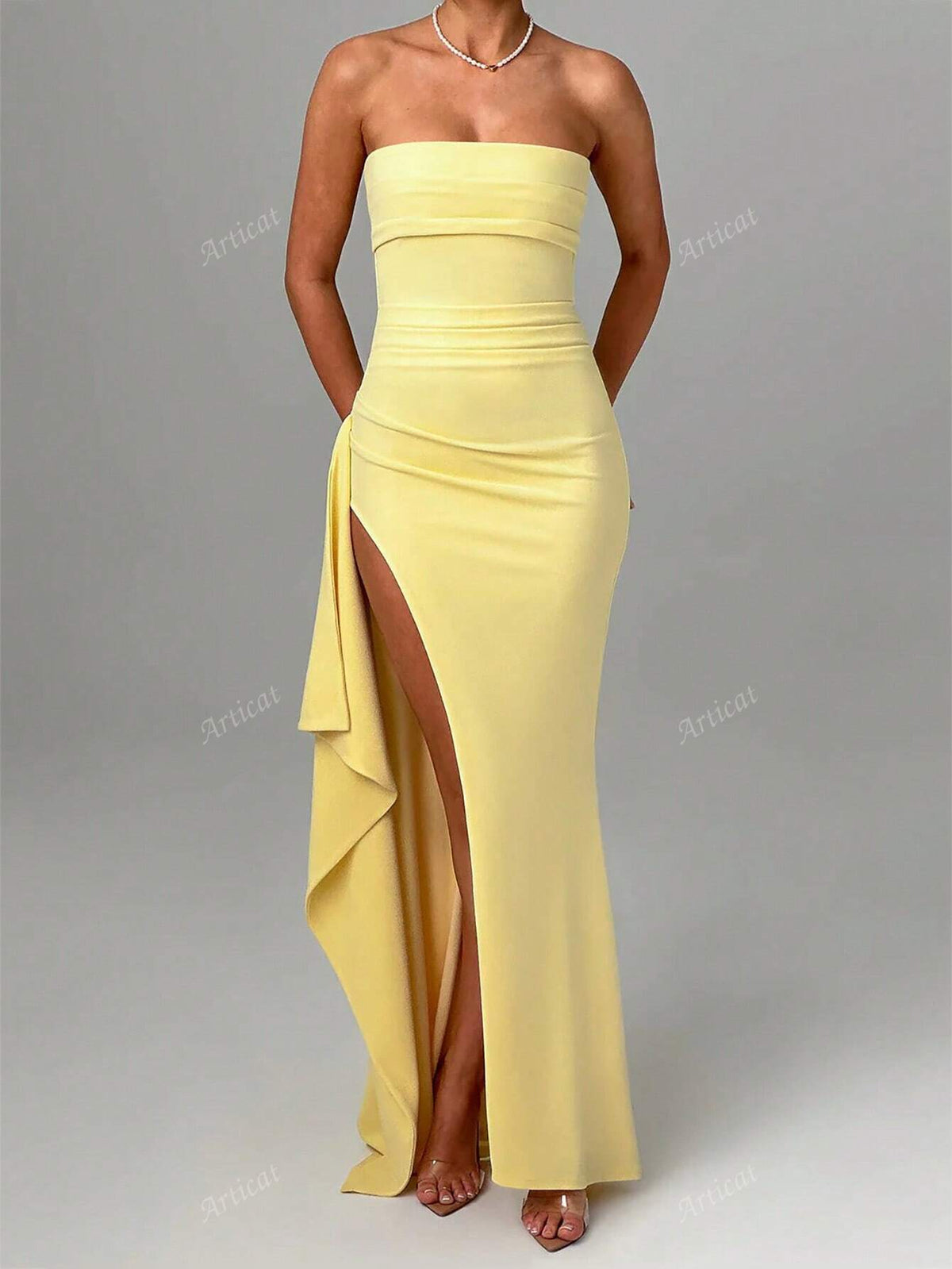 Women's Solid Color Simple Daily Strapless Slit Cocktail Dress