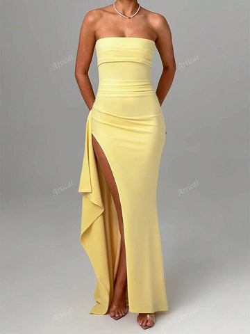 Women's Solid Color Simple Daily Strapless Slit Cocktail Dress