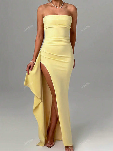 Women's Solid Color Simple Daily Strapless Slit Cocktail Dress