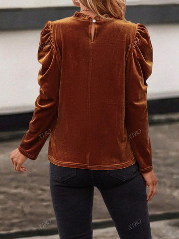 Women's Solid Color Ruffle Collar Long Sleeve Single-Breasted Elegant Blouse, Suitable For Spring And Autumn