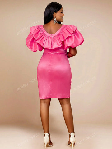 Women's Solid Color Ruffle Collar Puff Sleeve Elegant Cocktail Party Bodycon Dress