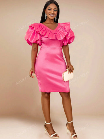 Women's Solid Color Ruffle Collar Puff Sleeve Elegant Cocktail Party Bodycon Dress