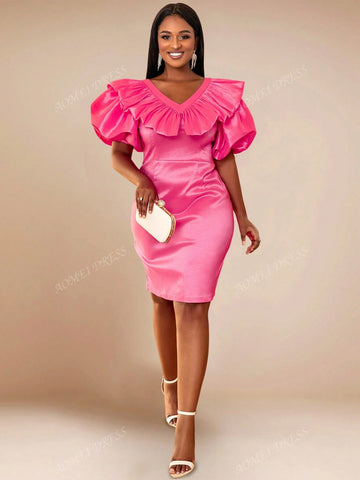 Women's Solid Color Ruffle Collar Puff Sleeve Elegant Cocktail Party Bodycon Dress