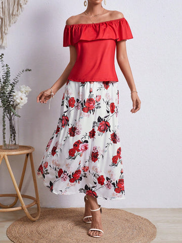 Women's Solid Color Ruffle Trim Off-Shoulder Top And Floral Printed Skirt Set