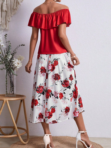 Women's Solid Color Ruffle Trim Off-Shoulder Top And Floral Printed Skirt Set