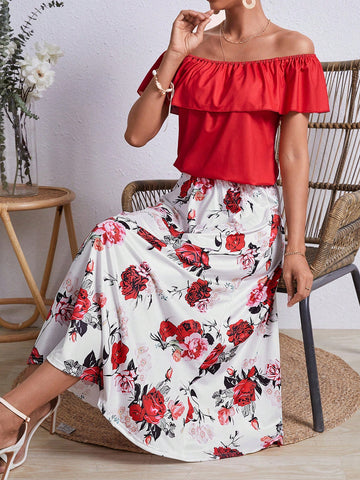 Women's Solid Color Ruffle Trim Off-Shoulder Top And Floral Printed Skirt Set