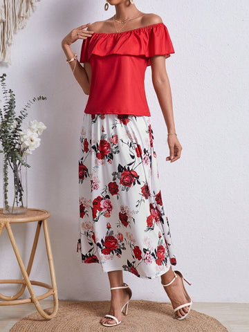 Women's Solid Color Ruffle Trim Off-Shoulder Top And Floral Printed Skirt Set