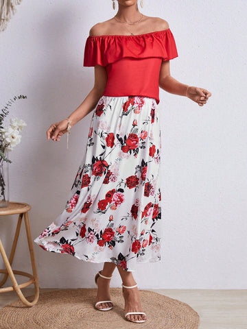 Women's Solid Color Ruffle Trim Off-Shoulder Top And Floral Printed Skirt Set