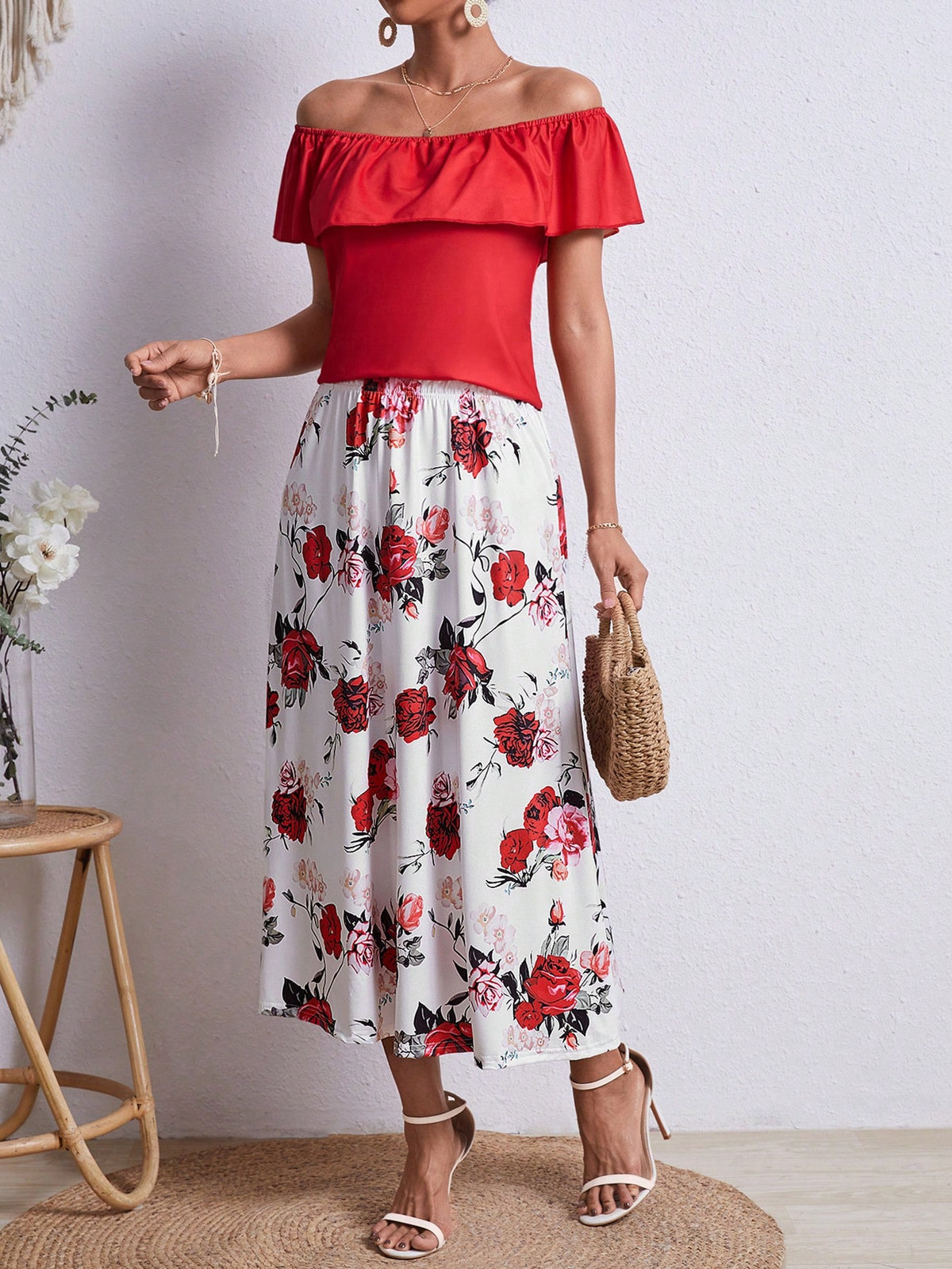 Women's Solid Color Ruffle Trim Off-Shoulder Top And Floral Printed Skirt Set