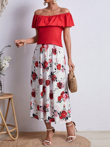 Women's Solid Color Ruffle Trim Off-Shoulder Top And Floral Printed Skirt Set