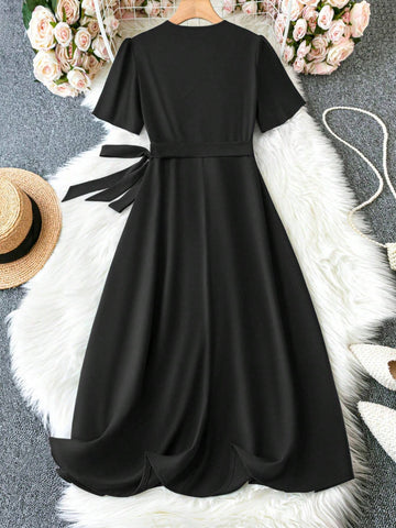 Women's Solid Color Ruffled Hem Wraparound Maxi Dress With Straps