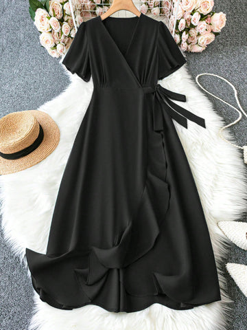 Women's Solid Color Ruffled Hem Wraparound Maxi Dress With Straps