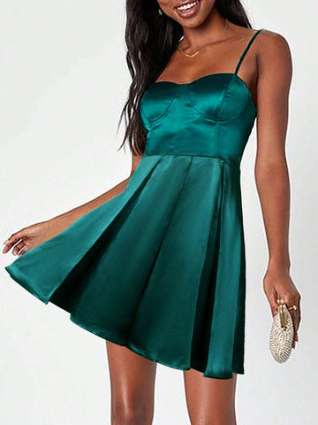 Women's Solid Color Satin Dress With Waistline And Pleats