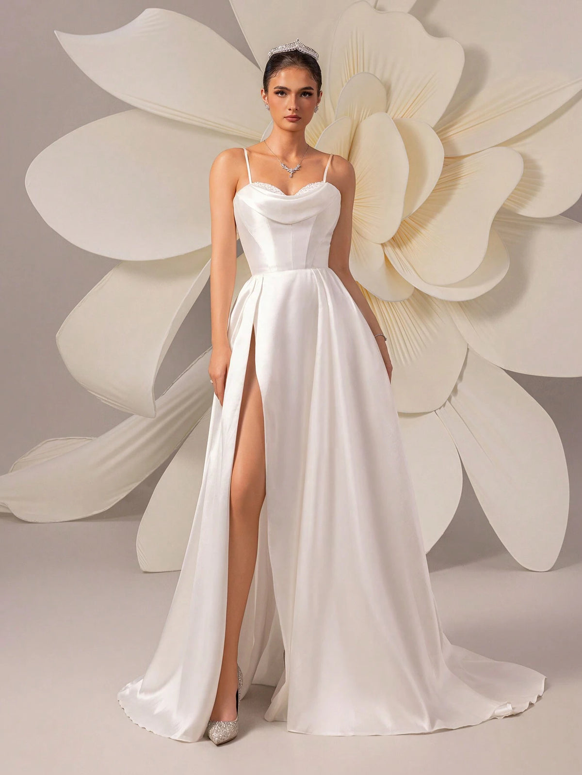 Women's Solid Color Satin Simple Sleeveless Train Bridal Gown
