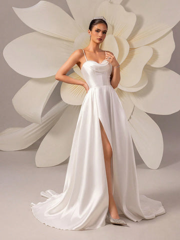 Women's Solid Color Satin Simple Sleeveless Train Bridal Gown