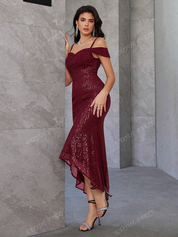 Women's Solid Color Drop Shoulder Sequin Fishtail Strap Formal Evening Dress