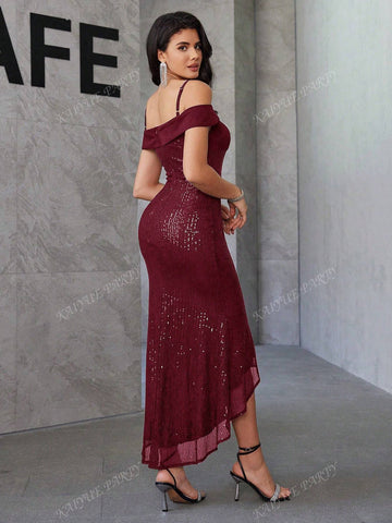 Women's Solid Color Drop Shoulder Sequin Fishtail Strap Formal Evening Dress
