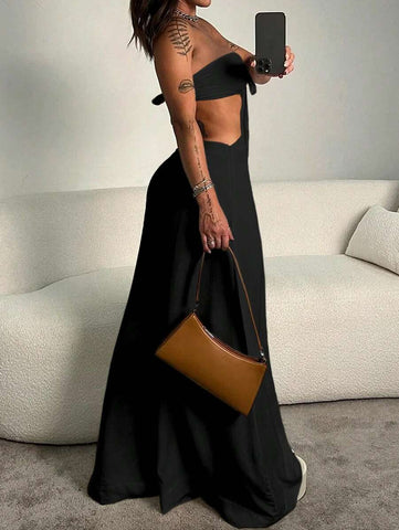 Women's Solid Color Sexy Backless Halter Lace-Up Hollow Out Wide Leg Jumpsuit