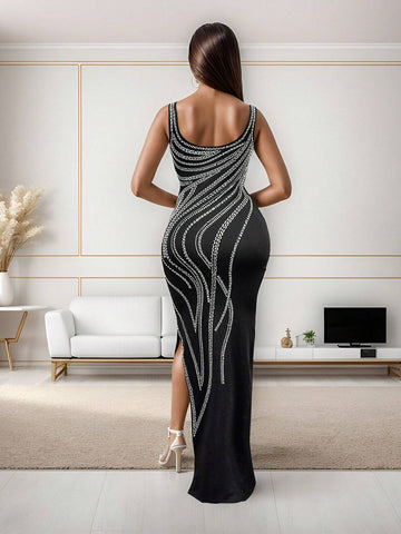 Women's Solid Color Sexy Rhinestone Decor Dress With High Slit