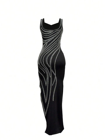 Women's Solid Color Sexy Rhinestone Decor Dress With High Slit
