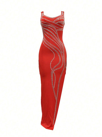 Women's Solid Color Sexy Rhinestone Decor Split Long Dress
