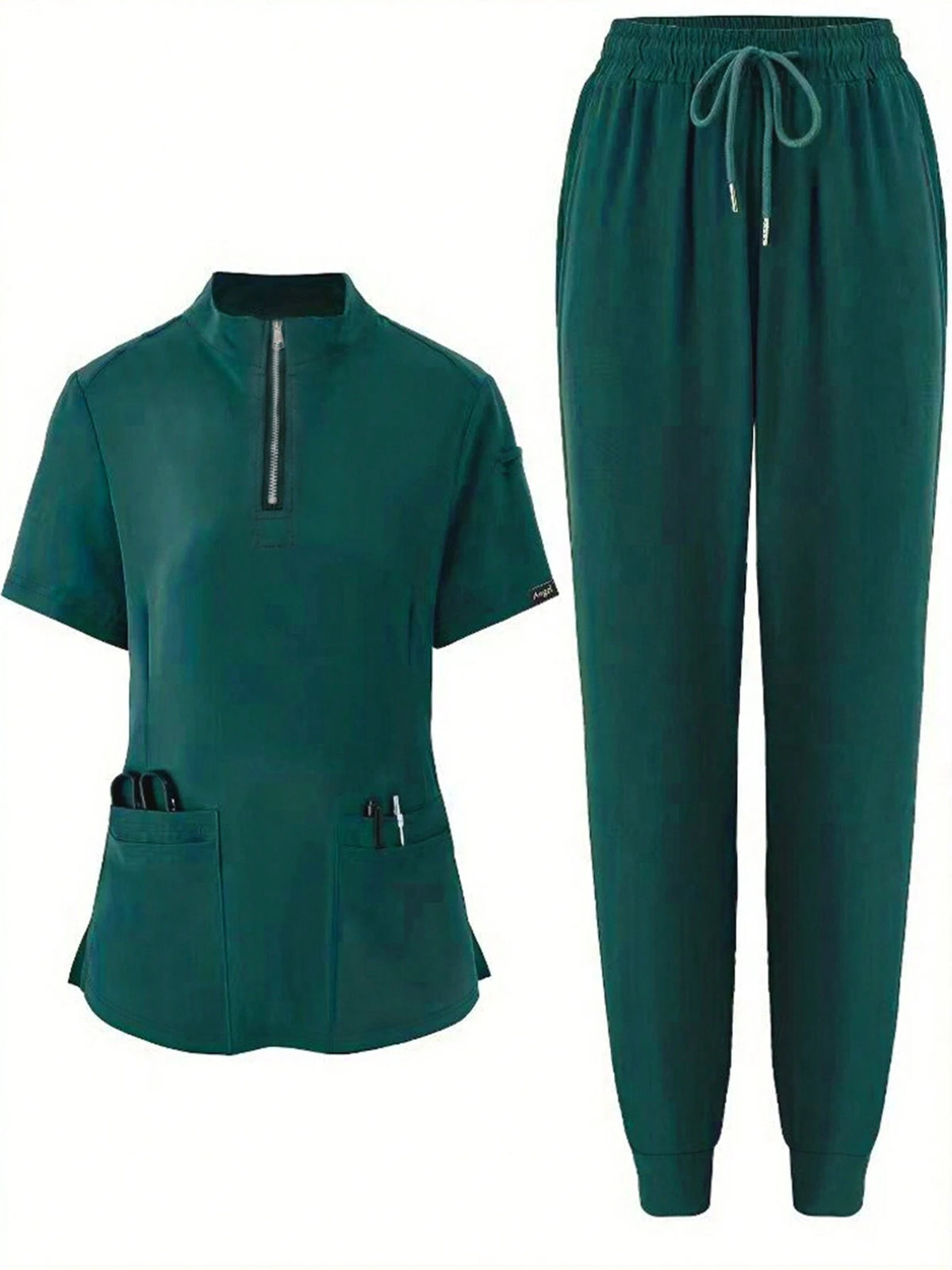 Women's Solid Color Short Sleeve Top And Long Pants Medical Uniform Set