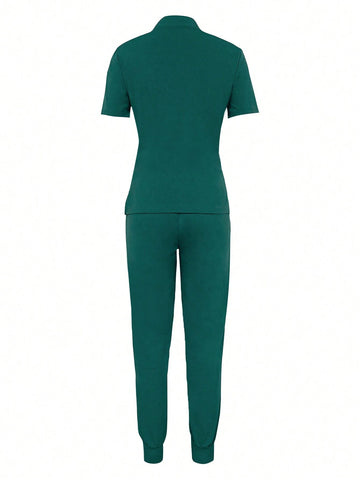 Women's Solid Color Short Sleeve Top And Long Pants Medical Uniform Set