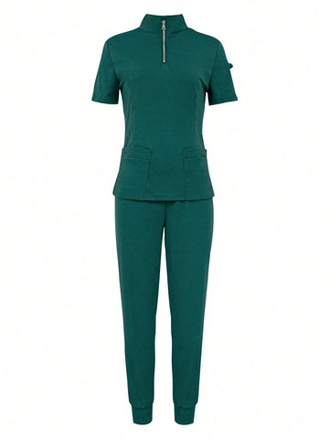 Women's Solid Color Short Sleeve Top And Long Pants Medical Uniform Set