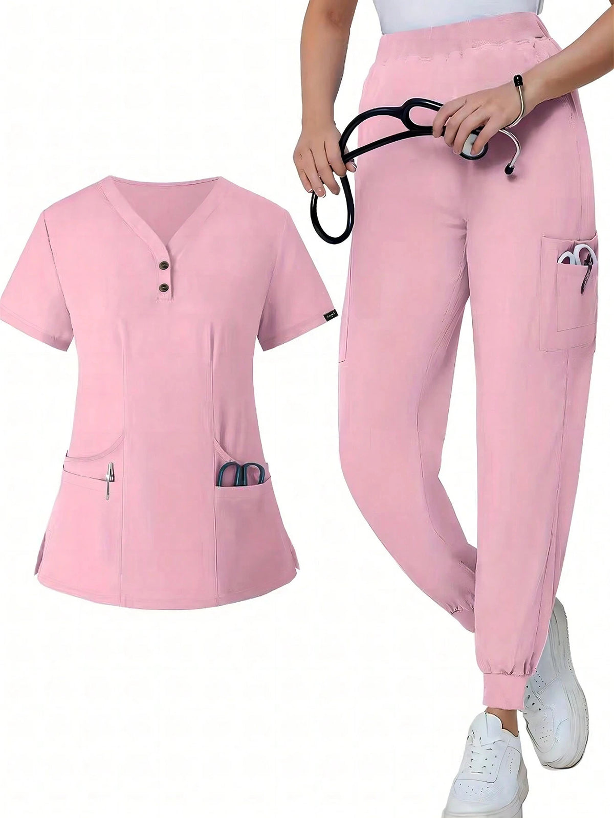Women's Solid Color Short Sleeve Top And Pants Medical Uniform 2-Piece Set