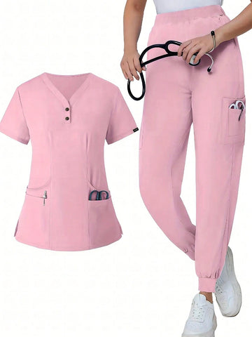 Women's Solid Color Short Sleeve Top And Pants Medical Uniform 2-Piece Set