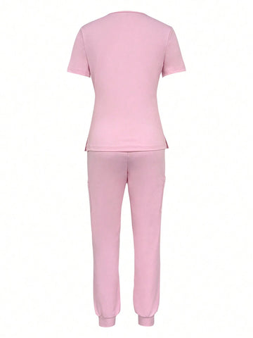 Women's Solid Color Short Sleeve Top And Pants Medical Uniform 2-Piece Set