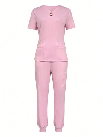 Women's Solid Color Short Sleeve Top And Pants Medical Uniform 2-Piece Set