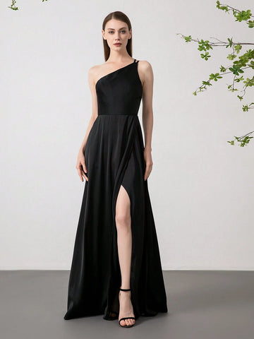 Women's Solid Color Side Slit Asymmetrical One Shoulder Strap Elegant Bridesmaid Dress