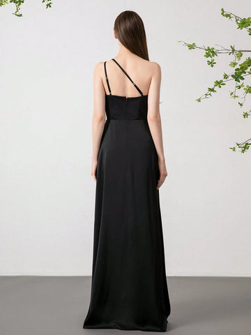 Women's Solid Color Side Slit Asymmetrical One Shoulder Strap Elegant Bridesmaid Dress
