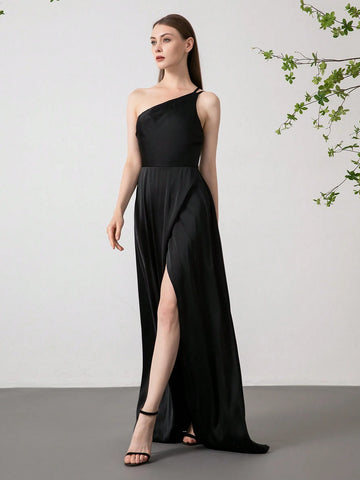 Women's Solid Color Side Slit Asymmetrical One Shoulder Strap Elegant Bridesmaid Dress