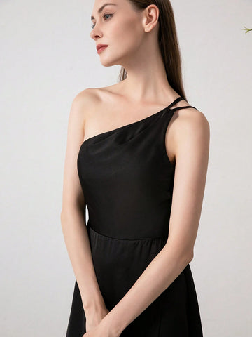 Women's Solid Color Side Slit Asymmetrical One Shoulder Strap Elegant Bridesmaid Dress