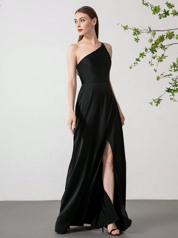 Women's Solid Color Side Slit Asymmetrical One Shoulder Strap Elegant Bridesmaid Dress