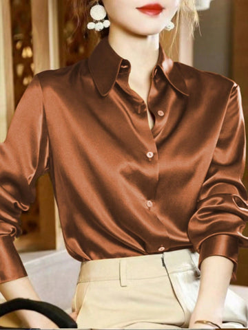 Women's Solid Color Single-Breasted Long Sleeve Elegant Office Shirt, Autumn