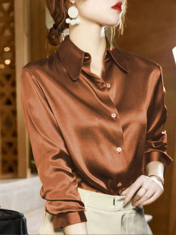 Women's Solid Color Single-Breasted Long Sleeve Elegant Office Shirt, Autumn